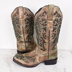 J.B. Dillon Green Bronze Metallic Glitter Cutout Cowboy Boots Sz 10C